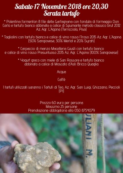 Sabato 17 Novembre 2018 ore 20,30 Serata del tartufo bianco