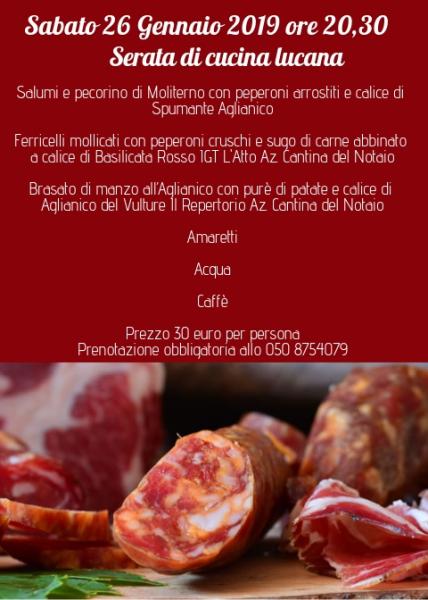 Sabato 26 Gennaio 2019 ore 20,30 Serata di cucina lucana