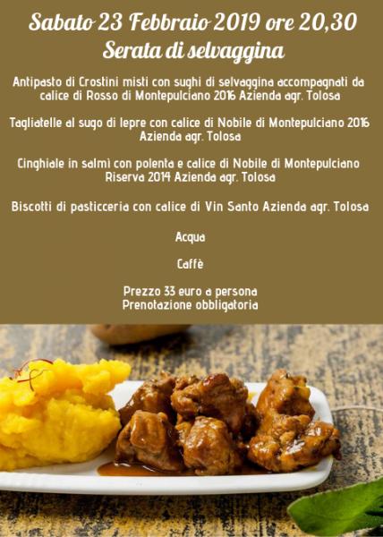 Sabato 23 Febbraio 2019 ore 20,30 Serata di selvaggina